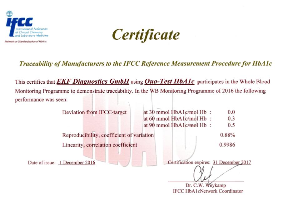 Certificado del IFCC con la Precisión del Medidor de Hemoglobina Quo-Lab para la Hemoglobina Glicosilada de EKF Diagnostics Certificación del IFCC con la Precisión del Medidor de Hemoglobina Quo-Lab para la Hemoglobina Glicosilada de EKF Diagnostics